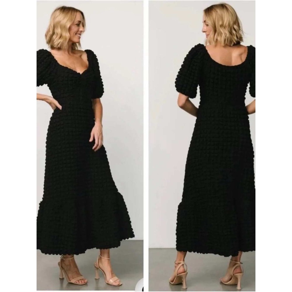 Baltic Born Midi Dress Women Large Black Popcorn Textured Puff Sleeve Ruffle Hem